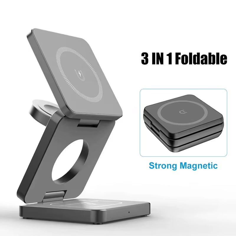 Soporte De Cargador Inalámbrico 3 En 1, Estación De Carga Inalámbrica Plegable Magnética Para Iphone 15, 14, 13, 12 Pro Max, Cargador Apple Watch 8 9