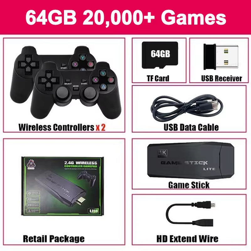 Consola De Videojuegos 4K, Mando Inalámbrico, Más De 20000 Juegos Integrados, Reproductor De Juegos Portátil Retro De 64G, Palo De Juego De TV HD