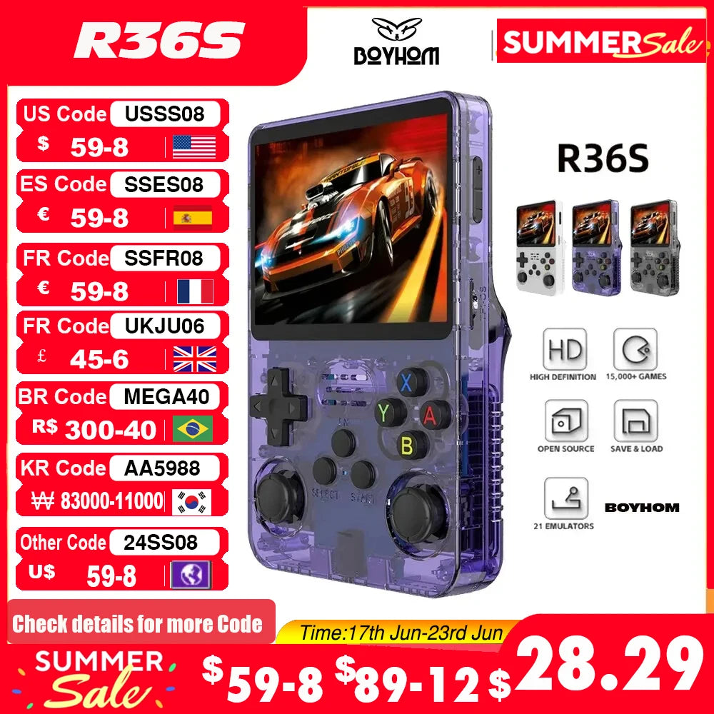 Consola De Videojuegos Portátil Retro R36S, Sistema Linux, Pantalla IPS De 3,5 Pulgadas, Reproductor De Vídeo De Bolsillo, R35S, 64GB De Juegos