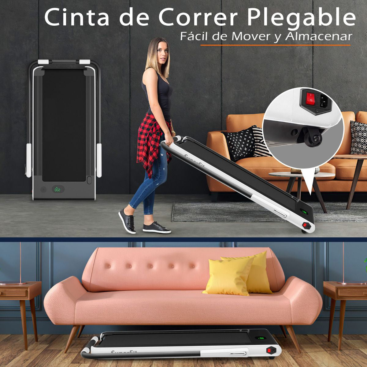 Cinta De Correr Plegable 2 En 1 De Sobremesa Con App Y Mando a Distancia Compacta Para Hogar Oficina Gimnasio Blanco